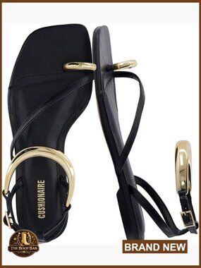 Flat Sandals with Gold Ankle Cuff and Toe Ring, Vegan Leather Dress Sandals
